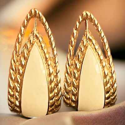 #ad Trifari Earrings Signed Pierced Cream Enamel Gold Tone Half Hoops Vintage 1” $22.22