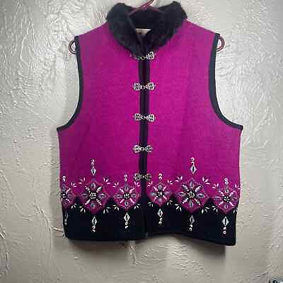 #ad Carson Purple Hook 100% Wool Fuzzy Floral Embroidered Sweater Vest Womens Sz M $29.95