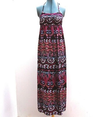 #ad Summer Halter Dress Tie Neck Maroon Floral 100% Soft Rayon Stretch Size S $22.99