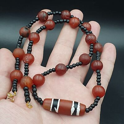 #ad AA NC36 Old Himalayan Tibetan Red Agate Carnelian Beads Unique pattern Necklace $68.00