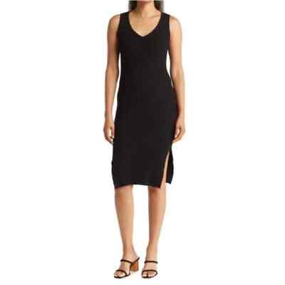 #ad Magaschoni Women XL NWT Black Ribbed Sweater Dress Stretch Midi Sleeveless VNeck $50.00