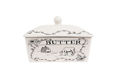 #ad NEW Country Style White amp; Black Stoneware Butter Dish with Lid $18.99