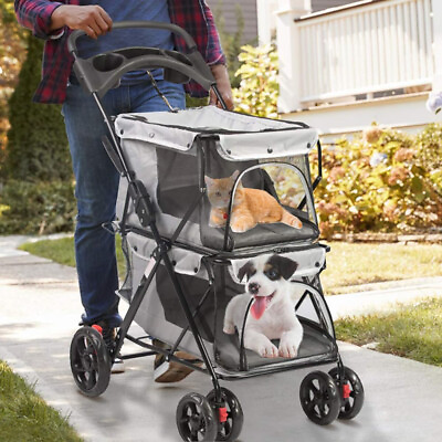 #ad Double Dog Stroller Folding Small Cats Pet 4 Wheel Pushchair Travel Carrier $109.99