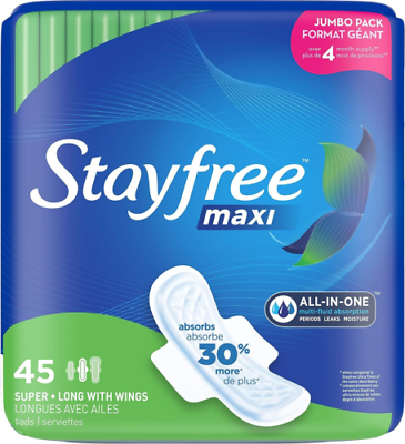 #ad Stayfree Maxi Super Long Pads with Wings For Women 45 Count Pack of 1 $17.95