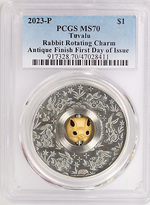 #ad 2023 PCGS Tuvalu $1 Rabbit Rotating Charm Silver Coin Antique Finish MS70 FDOI $88.00