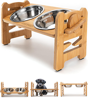 #ad Elevated Dog Bowls Stand Adjustable Raised Tall Dog Dishes Tilted Bamboo Wood $34.99