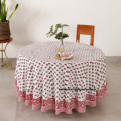 #ad Cotton Block Print Floral Tablecloth Round Red White Dining Linen With Napkins $53.99
