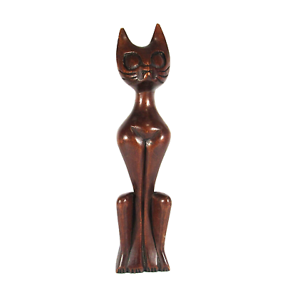 #ad MCM Hand Carved Wooden Egyptian Siamese Cat Wooden Statue Figure Alien Eyes 12quot; $17.99