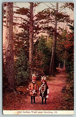 #ad Sterling IL Old Indian Trail Little Children in Costume Feather Headdress 1908 $12.00
