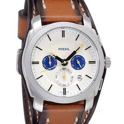 #ad FOSSIL Machine Mens Chronograph Watch White Dial Brown Leather Bund Strap $75.90