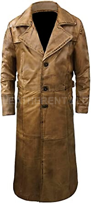 #ad Mens Leather Full Length Trench Coat Real Sheep Leather Duster Coat Men Wear $125.98