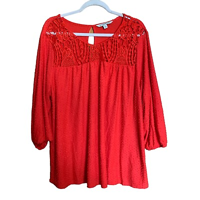 #ad Zac amp; Rachel Shirt Womens 2X Red Crochet Detail Swiss Dot Blouse Stretch Top $25.01