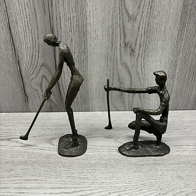 #ad Art Brutalist Golf Players Sculptures 9quot; Abstract Set Bronze Statue Figurines 2 $29.99
