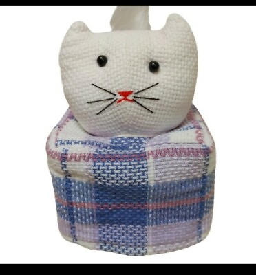 #ad Cat Kitten Plaid Knit Tissue Box Cover hand made Super Cool Granny Core $17.99