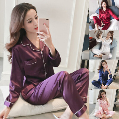 #ad Womens Satin Pyjamas Ladies PJs Silk Long Sleeve Soft Nightwear Sleepwear Set $12.59
