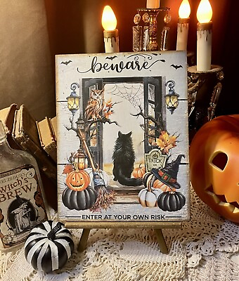 Black Cat Owl Beware Halloween Handcrafted Plaque Sign $15.00