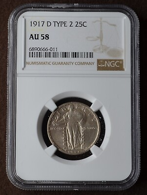 #ad 1917 D 25C Type 2 Standing Liberty Silver Quarter Graded by NGC as AU58 $275.75