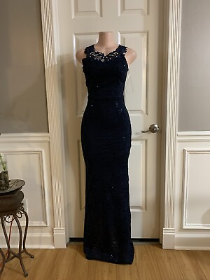 #ad Women Junior Blue Navy lace sequins maxi Bodycon Mermaid Maxi dress Size M $80.00