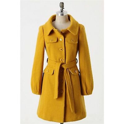 #ad Anthropologie Beth Bowley Harvested Honey Pea Coat Jacket Wool Silk Long Rare 4 $180.00