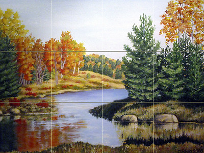#ad Landscape Autumn River Forest Trees Ceramic Mural Backsplash Bath Tile #2198 $105.00