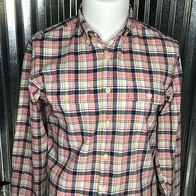 #ad J Crew Men Cotton Button Up Shirt Plaid Blue Pink Ivory Long Sleeves Size M $12.99