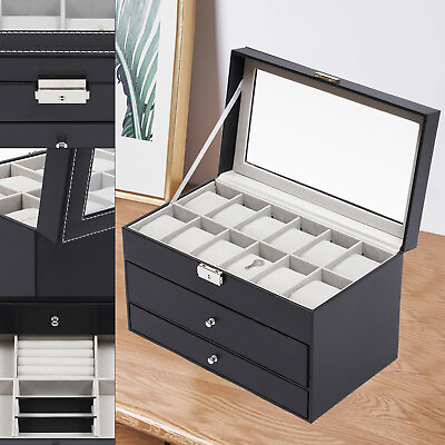 #ad Watch Display Box Jewelry Storage Case Multi Purpose Organizer Box w Glass Top $49.00