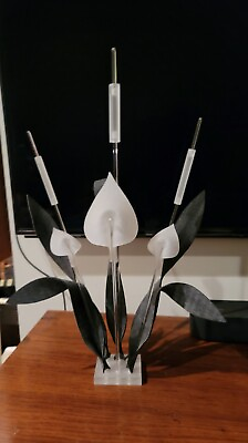 #ad Vintage Black Leaves Clear Frosted Calla Lily Cat Tails Lucite Sculpture Acrylic $110.00