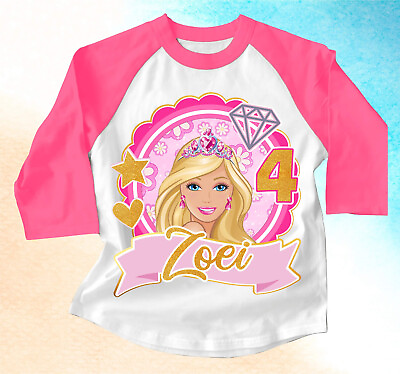#ad Princess Barbie Custom Birthday T shirt Raglan kids size 5 Pink sleeve $17.99