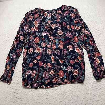 #ad Lucky Brand Women#x27;s Medium Long Sleeve Button Up Navy Floral Boho Blouse Tassels $17.99