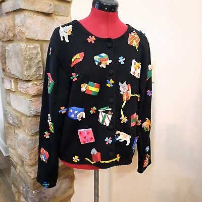 Michael Simon womens MEDIUM Christmas Holiday Dog Cardigan Sweater Embellished $150.00