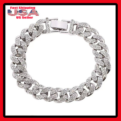 #ad Miami Stainless Steel Iced CZ Link Cuban Chain Bracelet Curb Chain 11mm $10.99