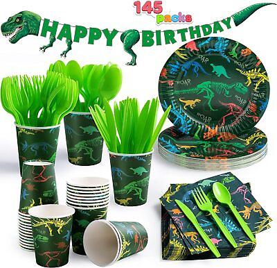 #ad Syncfun 145 Pcs T Rex Dinosaur Birthday Party Supplies with Banner Tableware Set $23.99