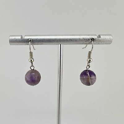 #ad Silver Tone Faceted Natural Dangle Purple Amethyst Bead Earrings $10.00