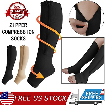 #ad Zipper Compression Socks Open Toe 20 30mmHg Support Stocking Leg Calf Stockings $8.63