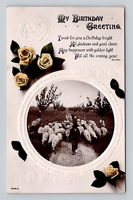 #ad RPPC Man w Sheep Birthday Greeting Colorized Roses Real Photo Antique B9 $5.49