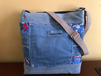 #ad Patriotic Upcycled Jeans bag with adjustable strap zippered lined with pockets $44.99