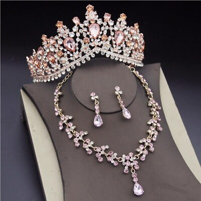 #ad Korean Crystal Bridal Jewelry Sets Tiaras Earrings Necklace Crown Jewelry Set $33.41
