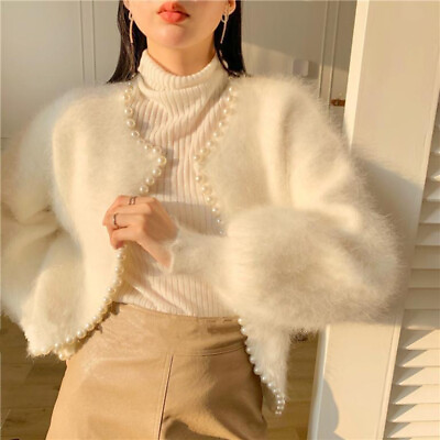 #ad Women Faux Fur Sweater Cardigan Coat Fluffy Plush Pearl Puff Sleeve Sweet $30.27