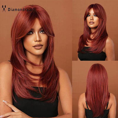 #ad US Long Straight Auburn Red Hair Wine Wigs with Bangs for Women Party Daily Use $17.99