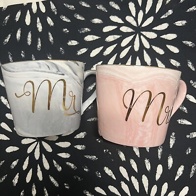 #ad NWOT Wedding Anniversary Mr. and Mrs. Coffee Mugs Marbled Blue and Pink $10.00