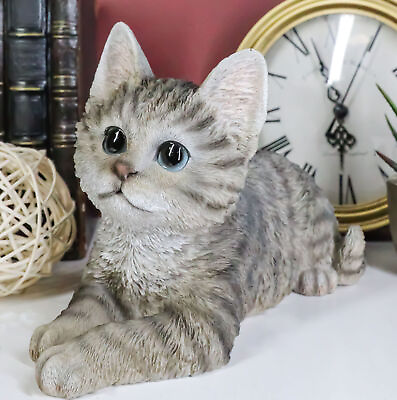 #ad Resting Feline Gray Tabby Cat Kitten Figurine With Realistic Glass Eyes Decor $33.99