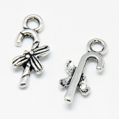 10 Christmas Charms Candy Cane Pendants Antiqued Silver Holiday Themed Findings $4.05