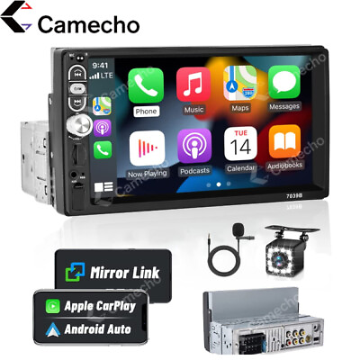 #ad Single 1DIN CarPlay Car Stereo Radio Touch Screen Head Unit FM Bluetooth Camera $51.99