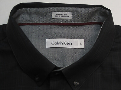 #ad Calvin Klein Men#x27;s L Long Sleeve Black Checked 100% Cotton Shirt 7082 $14.99