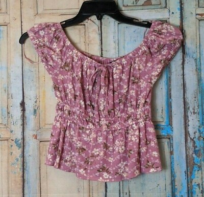 #ad Freshman Forever Womens Small Pink Floral Short Sleeve Peasant Top Cold Shoulder $10.93