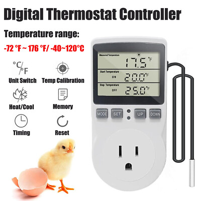 #ad Digital Temperature Controller Thermostat Outlet Plug Heat Cool Timing w Probe $17.99
