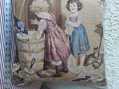 #ad FRENCH TAPESTRY COVER PILLOW CASE TWO GIRLS IN A WASH ROOM 18quot;×18quot; $29.00