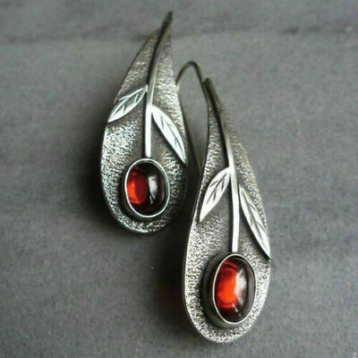 #ad Fashion 925 Silver Red Ear Hook Dangle Drop Leaf Earrings Proposal Gift Wedding C $2.72