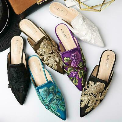 #ad Women#x27;s Retro Pointy Toe Floral Print Vintage Mules Slipper Velvet Chic shoes $68.22