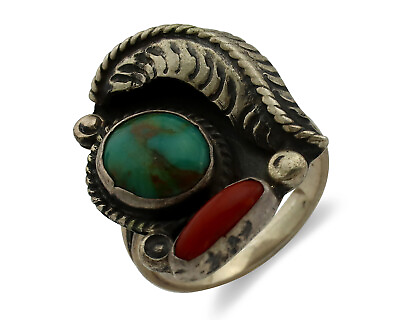 #ad Navajo Ring 925 Silver Turquoise amp; Coral Handmade Native American Artist C.1980s $139.00